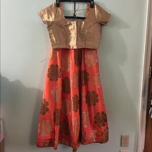 Elegant Coral and Gold Floral Maxi Skirt